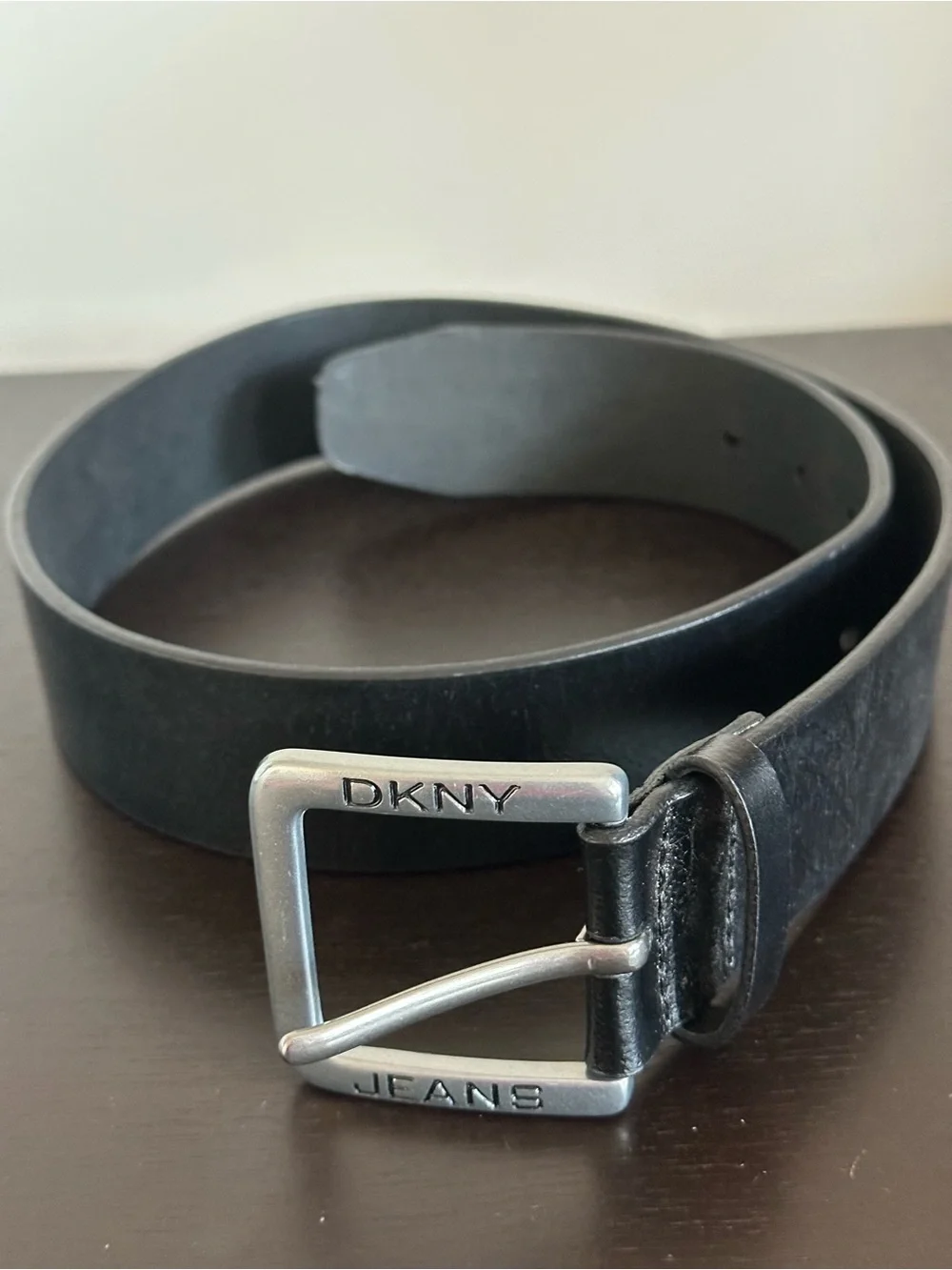 DKNY Black Genuine Leather Belt Silver Buckle